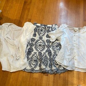 3 Piece Bundle, 2 White Shirts and a White/Blue Embroidered Midi Skirt, XS